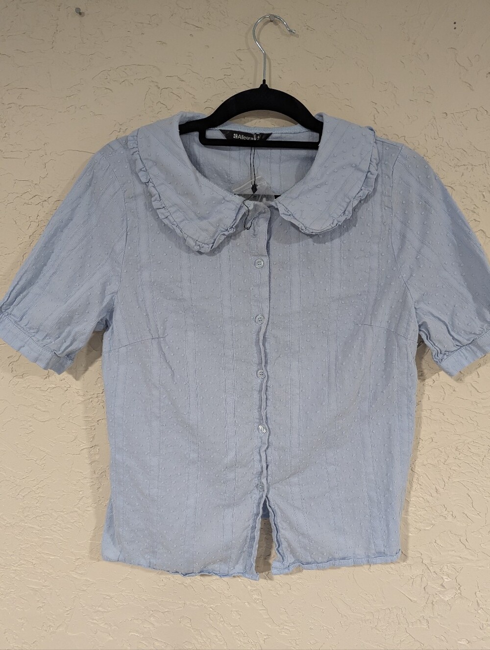 NWOT Allegra K Blue Ruffled Collar Button-Up Top Shirtsleeve Women Large Cottage